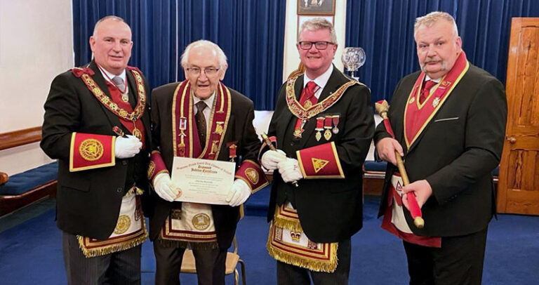 On Saturday 20th June 2026, St. Patrick’s RAC 77 held a special convocation to celebrate RE Comp Rev. Charles McCurdy reaching 60 years in Royal Arch Masonry. The Supreme Grand King, ME Comp Neil Coey, and District Grand King, ME Comp Roy Humphries, were in attendance to present RE Comp McCurdy with his 60 year certificate.